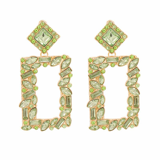 Green Crystal & Goldtone Open Rectangle Drop Earrings