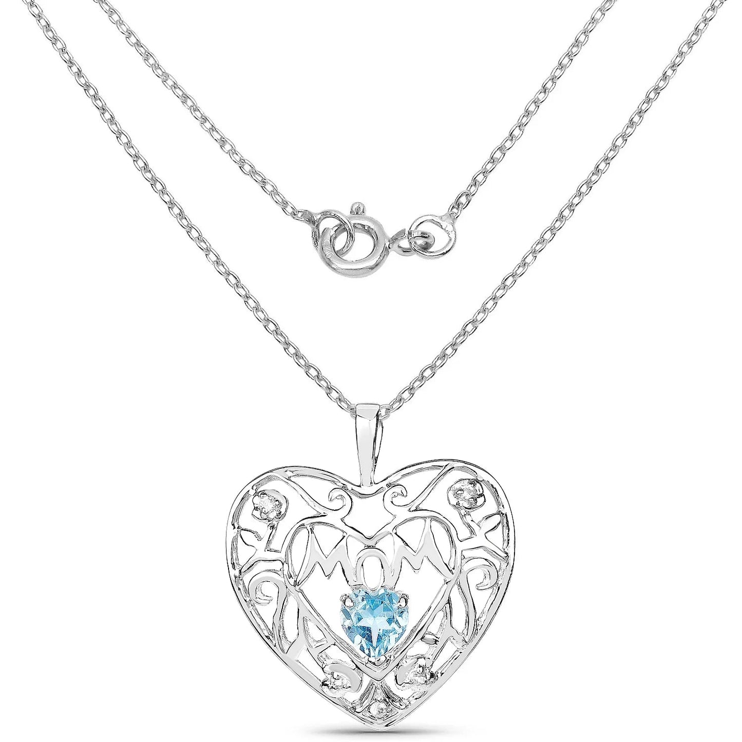 Heart Swiss Blue Topaz Prong Silver Mom Pendant Necklace