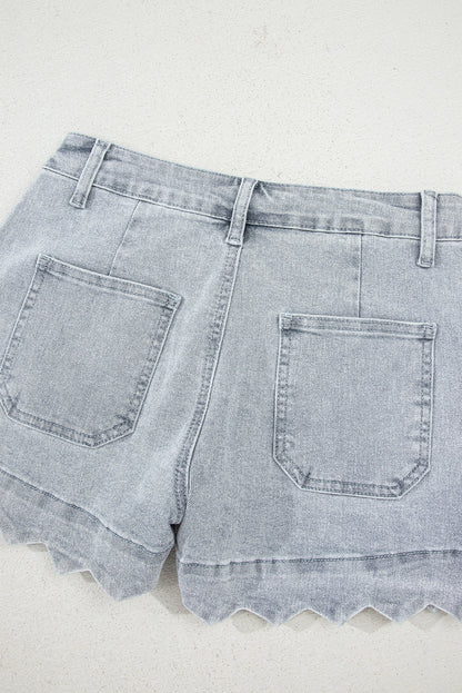 Threaded Pear Scalloped Acid Wash High Waist Denim Shorts