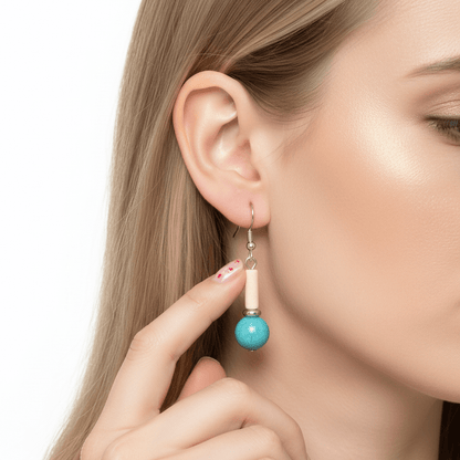 Sea Blue Jade & Silvertone Cylinder Ball Hook Earrings