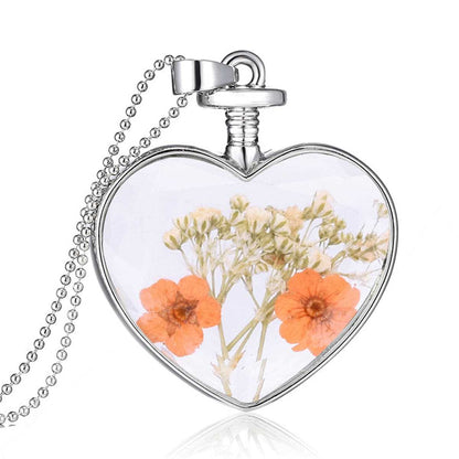 Yellow Pressed Peach Blossom & Silvertone Heart Pendant Necklace