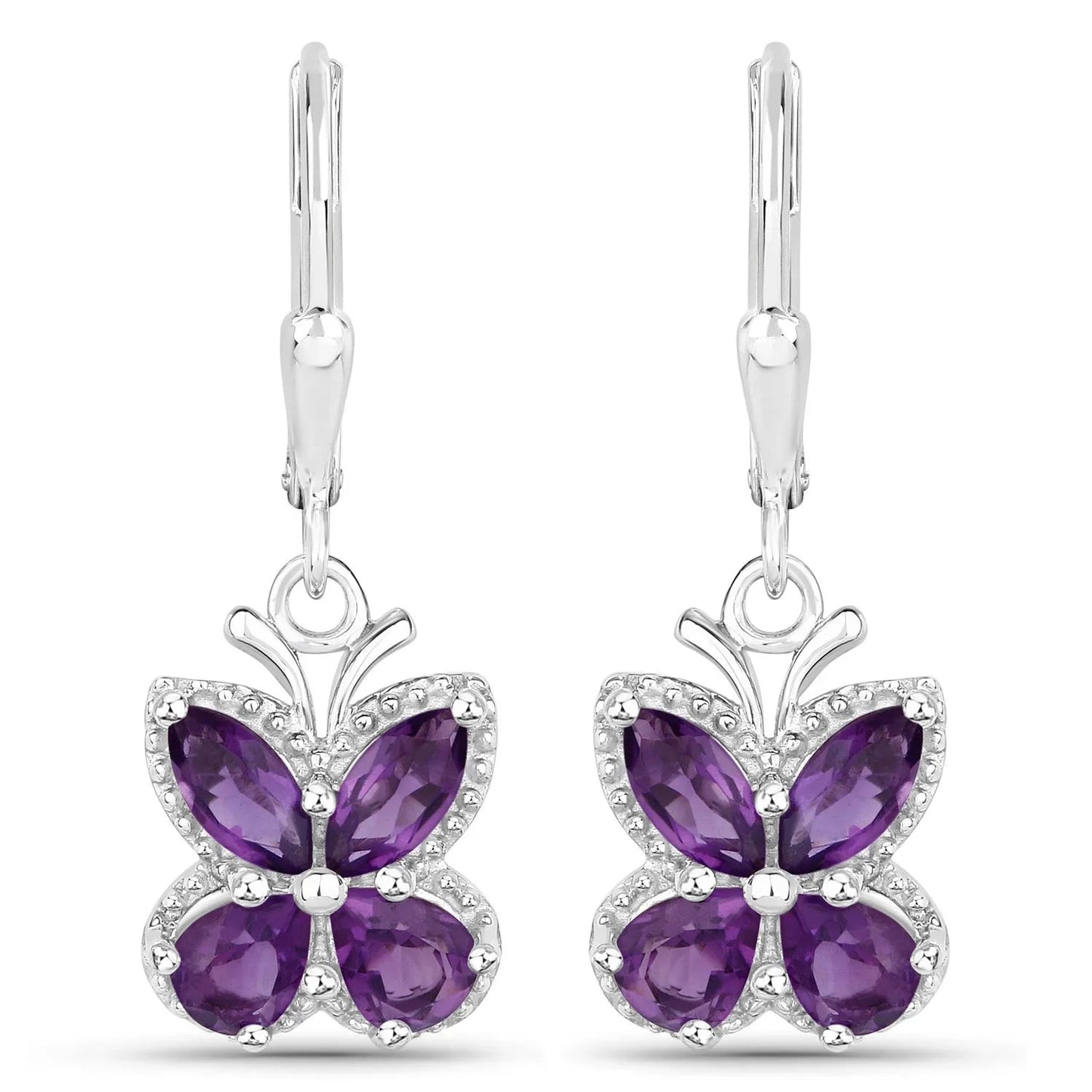 2.12 Ct Purple Amethyst Prong Silver Butterfly Leverback Earrings