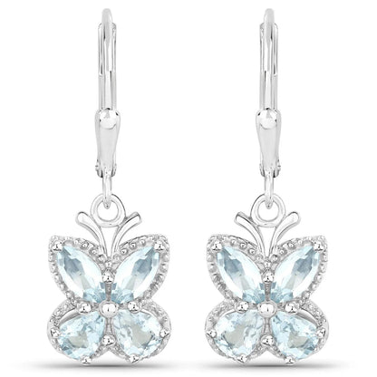 2.60 Ct Blue Aquamarine Prong Silver Butterfly Leverback Earrings