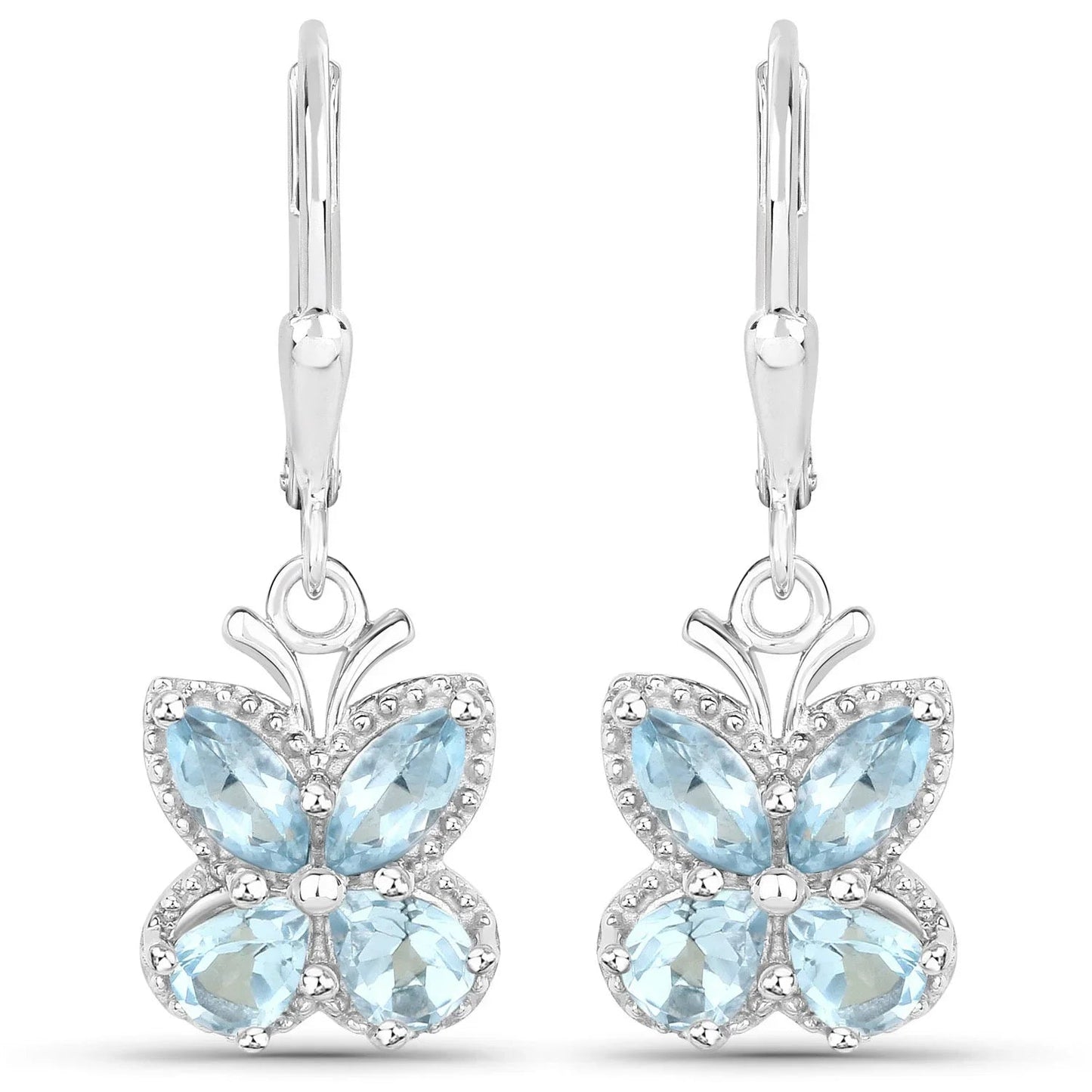 2.60 Ct Blue Topaz Prong Silver Butterfly Leverback Earrings