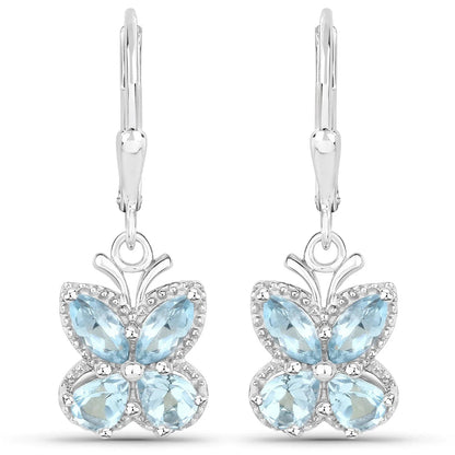 2.60 Ct Blue Topaz Prong Silver Butterfly Leverback Earrings