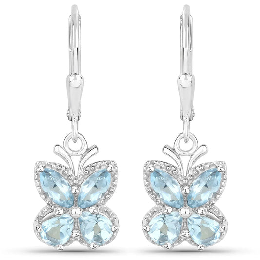 2.60 Ct Blue Topaz Prong Silver Butterfly Leverback Earrings
