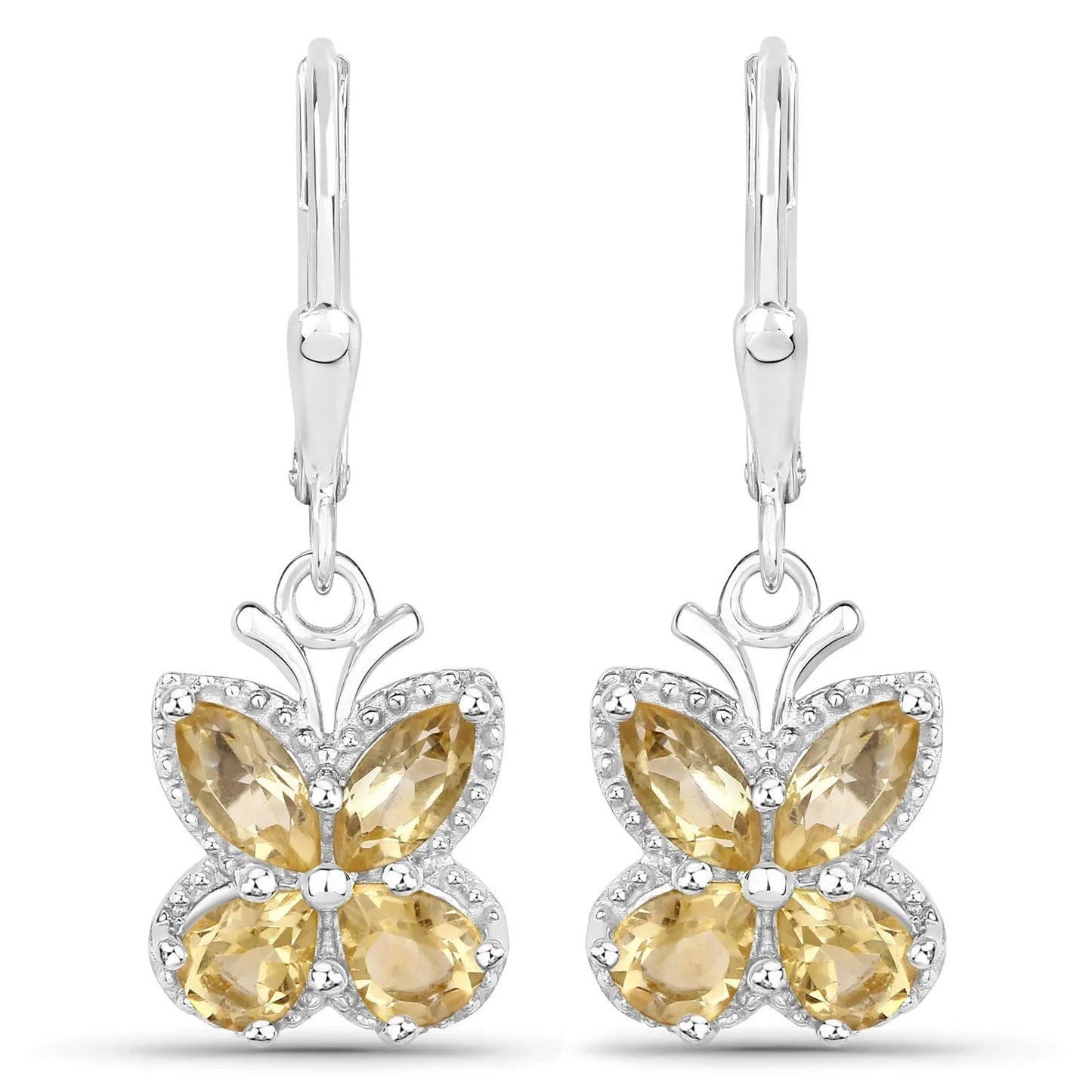 2.16 Ct Yellow Citrine Prong Silver Butterfly Leverback Earrings