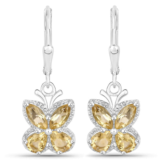 2.16 Ct Yellow Citrine Prong Silver Butterfly Leverback Earrings