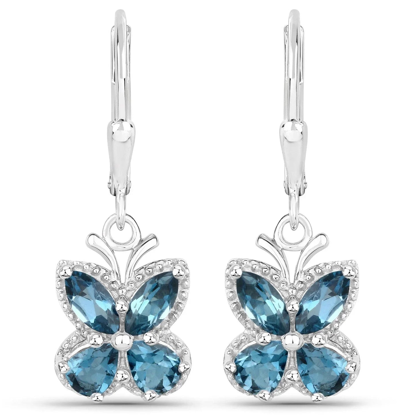2.32 Ct London Blue Topaz Prong Silver Butterfly Leverback Earrings