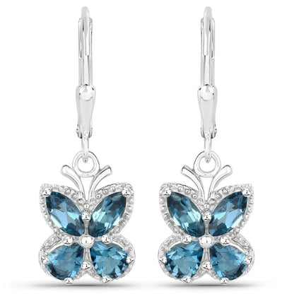 2.32 Ct London Blue Topaz Prong Silver Butterfly Leverback Earrings