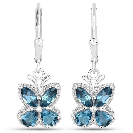 2.32 Ct London Blue Topaz Prong Silver Butterfly Leverback Earrings