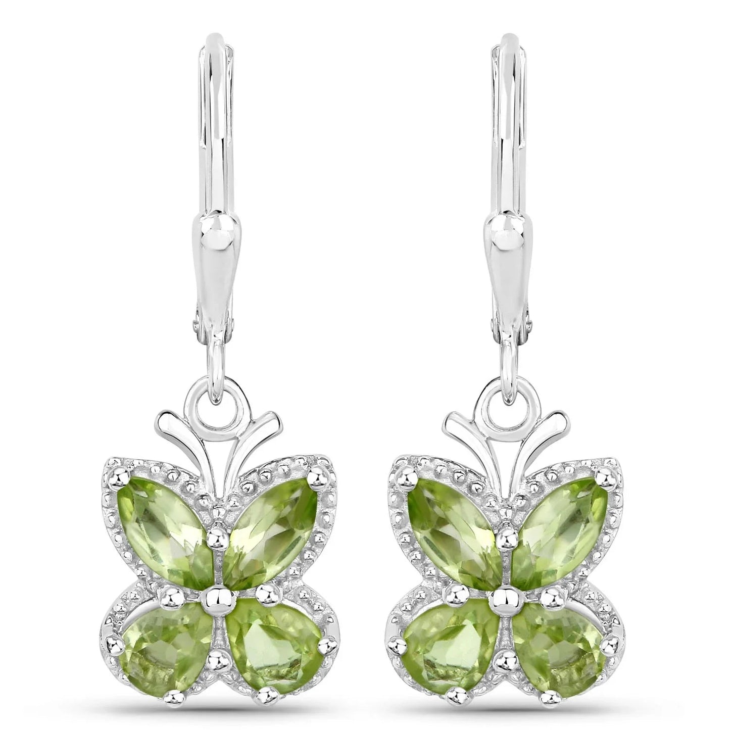 2.28 Ct Green Peridot Prong Silver Butterfly Leverback Earrings