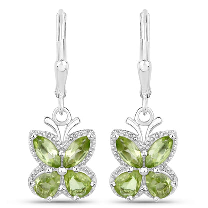 2.28 Ct Green Peridot Prong Silver Butterfly Leverback Earrings