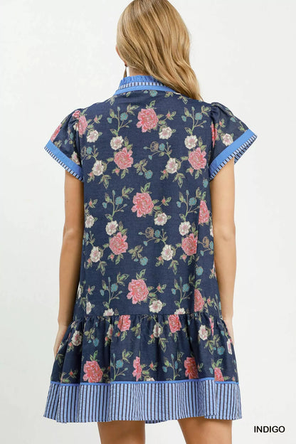Umgee Floral Contrast Trim Ruffle Hem Mini Dress in Indigo