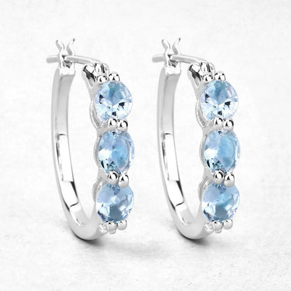 Genuine Blue Aquamarine and Diamond Hoop Earrings