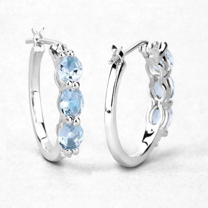 Genuine Blue Aquamarine and Diamond Hoop Earrings