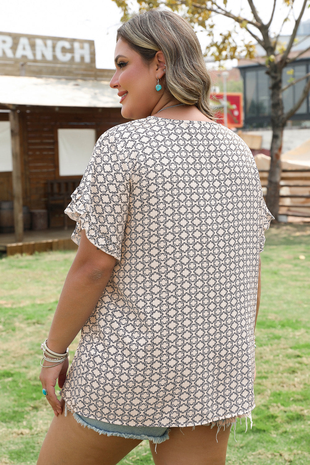 Threaded Pear Faith Plus Size Geometric Ruffled Sleeve Blouse