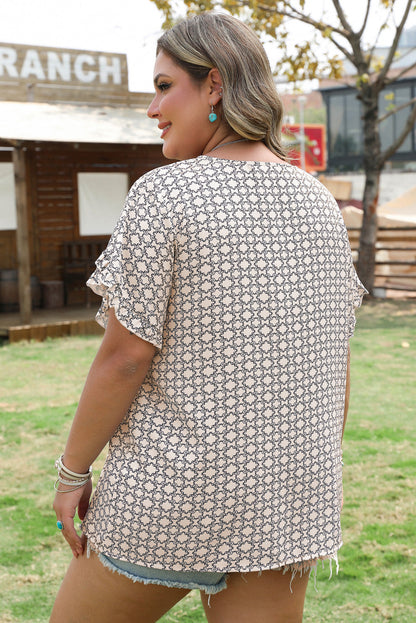 Threaded Pear Faith Plus Size Geometric Ruffled Sleeve Blouse