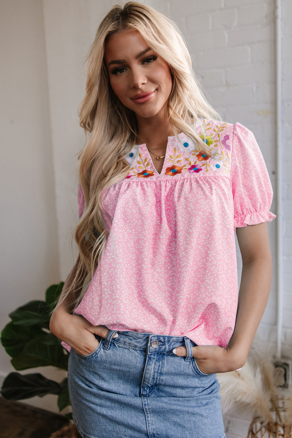 Threaded Pear Hadlee Floral Embroidered V Neck Blouse