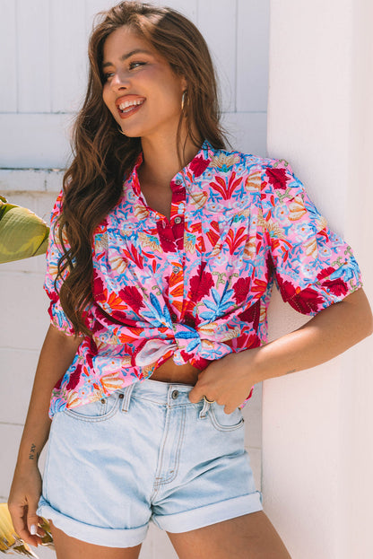 Threaded Pear Mikaela Floral Bubble Sleeve Button Up Pleated Shirt