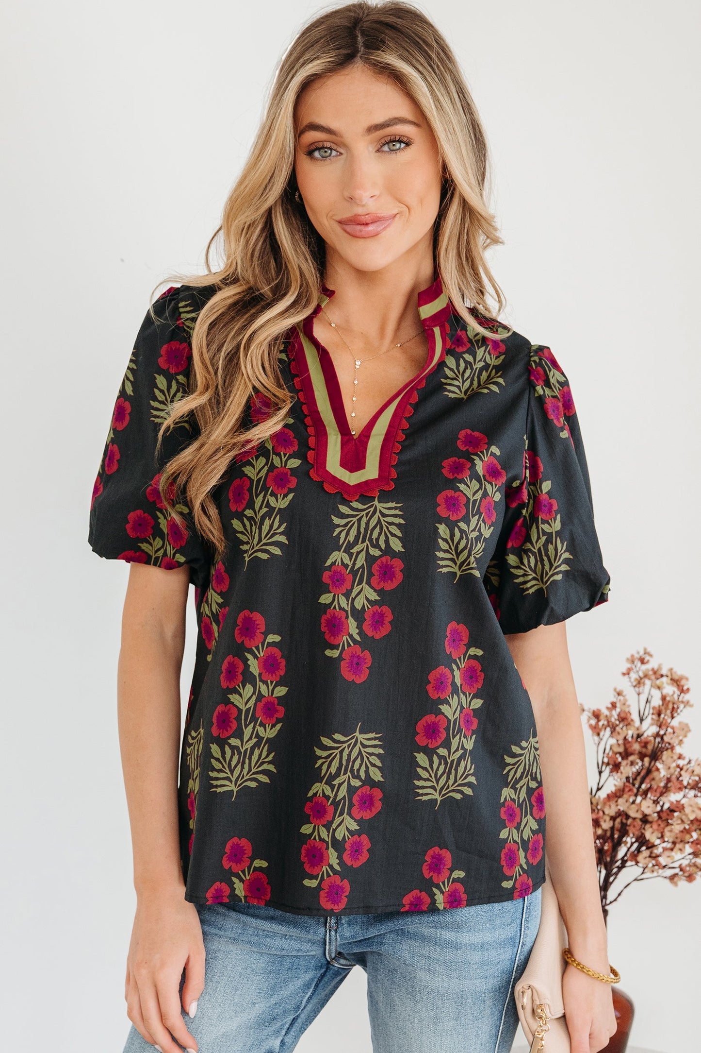Threaded Pear Zoe Contrast Slit Neckline Blouse