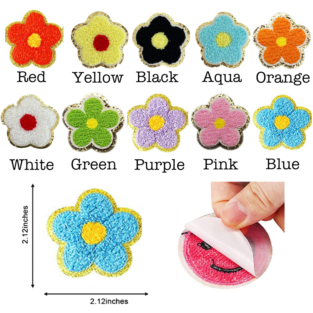 Self Adhesive Chenille Flower Patches - Black / Flower