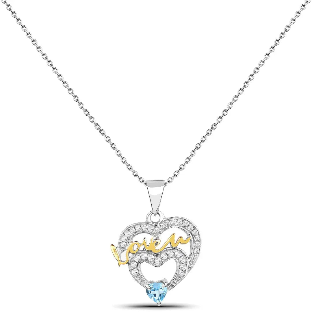 Heart Swiss Blue Topaz Prong Silver Mom Pendant Necklace