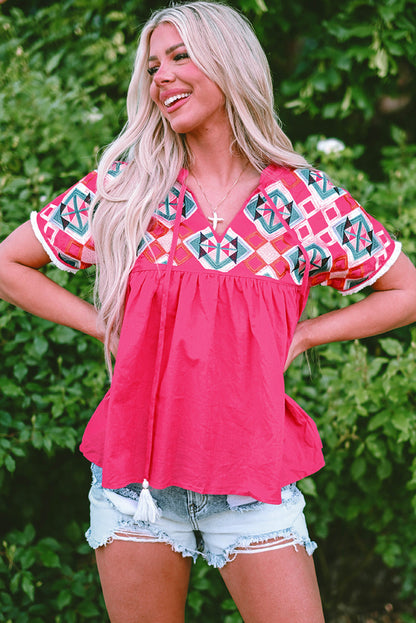 Threaded Pear Zayla Embroidered Tassel Tie V Neck Blouse