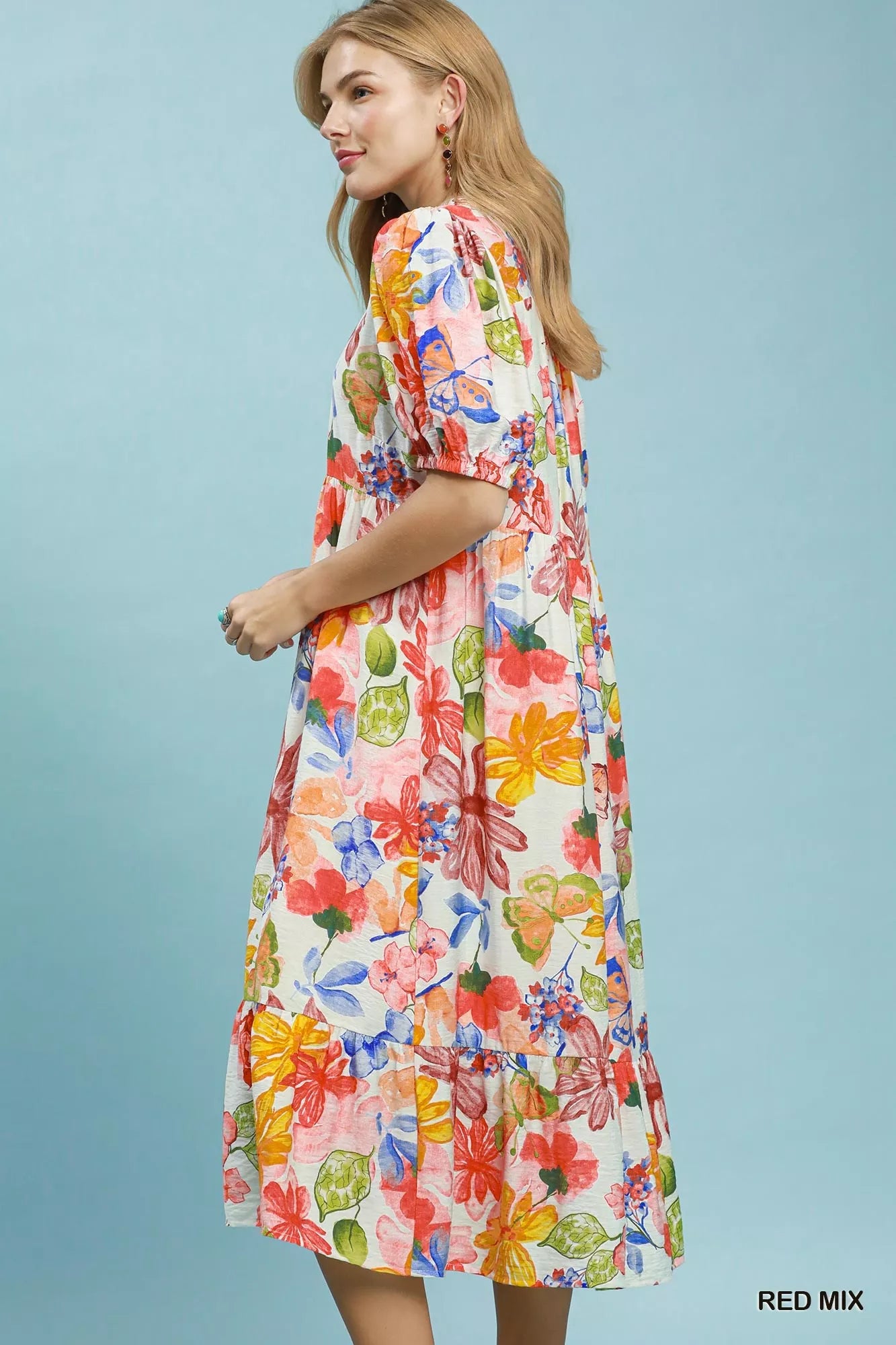 Umgee Watercolor Floral Tiered Midi Dress in Red