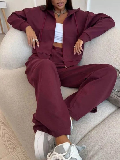 Zip-Up Hoodie and Wide-Leg Pants Set