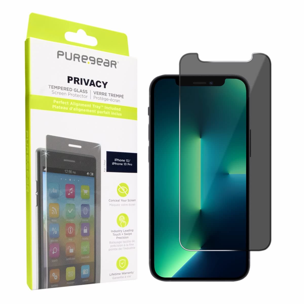 Puregear 2-Way Privacy Tempered Glass Screen Protector Compatible w/ Apple Iphone 13 / 13 Pro 6.1" (2021), Self Alignment Installation Tray, Touch Sensitive, Case Friendly, Anti-Fingerprint Coating, Lifetime Replacement, Protect Your Privacy Conceal Your