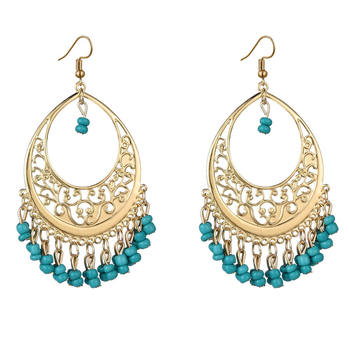 Green Turquoise & Goldtone Openwork Drop Earrings