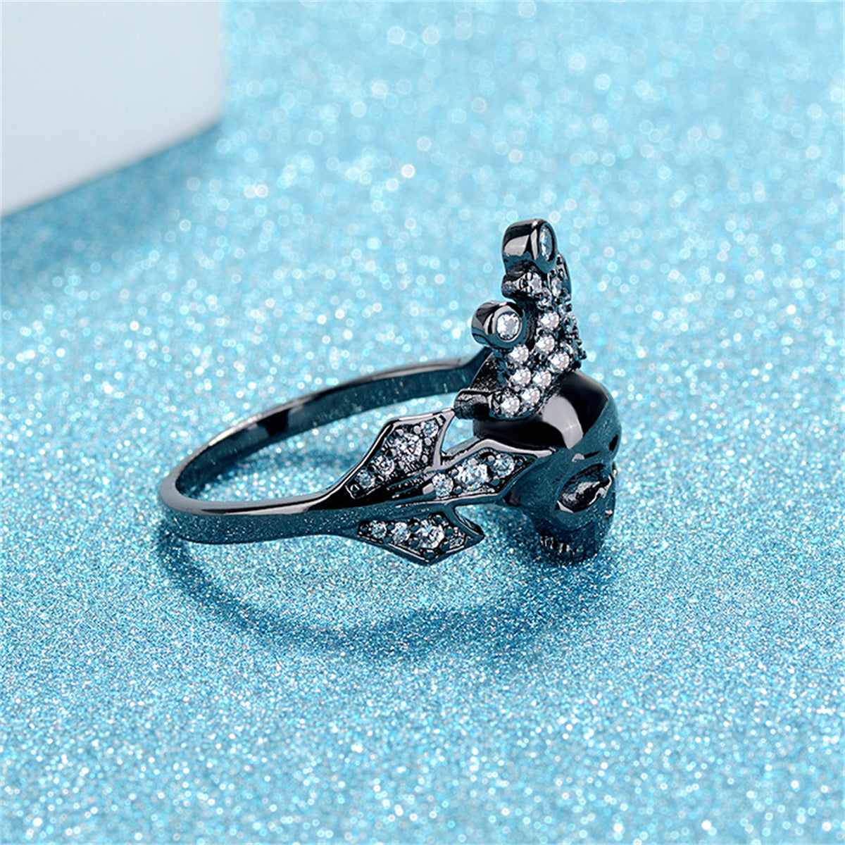 Cubic Zirconia & Black-Tone Crown Skull Ring-1