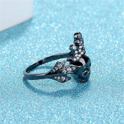 Cubic Zirconia & Black-Tone Crown Skull Ring-1