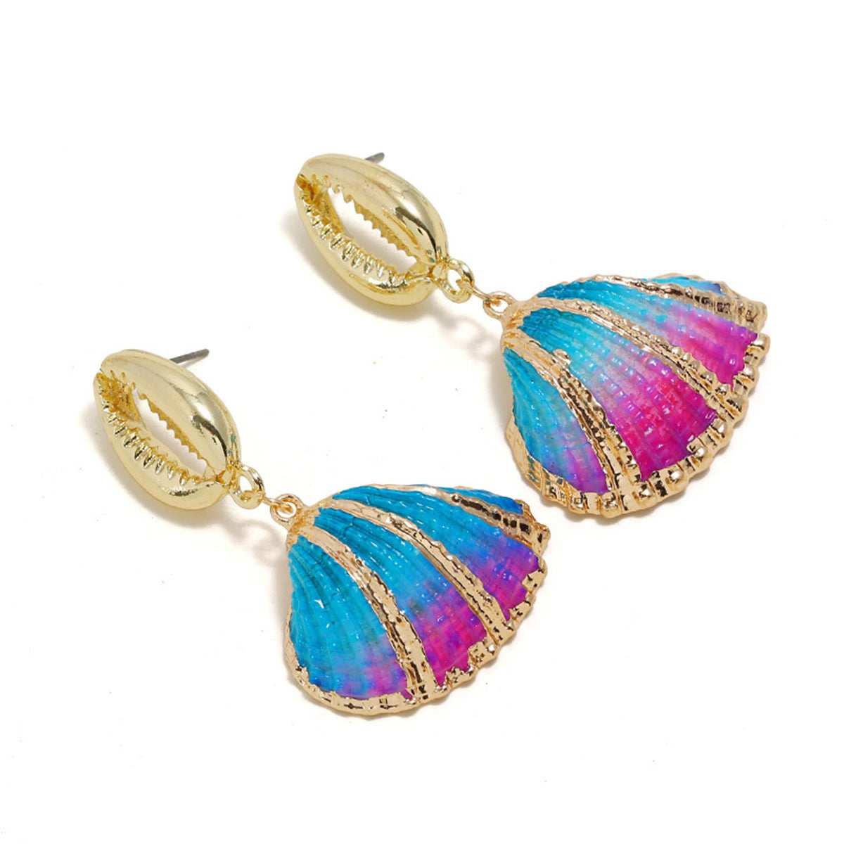 Blue Enamel & Goldtone Mixed Shell Drop Earrings