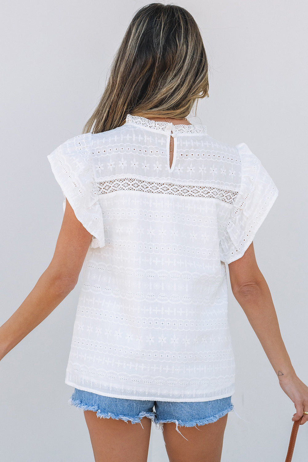Threaded Pear Alondra Lace Flutter Sleeve Eyelets Blouse