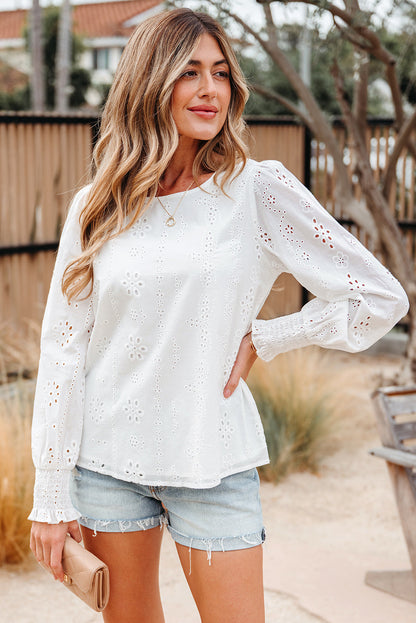 Threaded Pear Allison Eyelet Embroidered Smocked Cuff Sheer Blouse