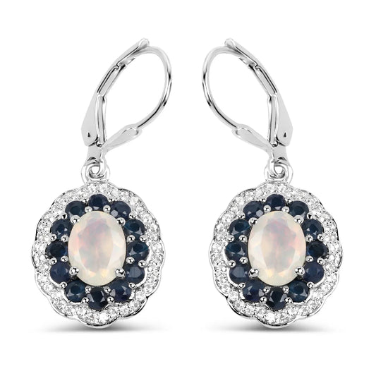 1.00 Ct Oval White Ethiopian Opal Prong Silver Floral Dangle Earrings