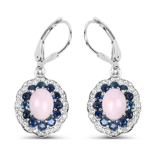 2.20 Ct Oval Pink Ethiopian Opal Prong Silver Floral Dangle Earrings