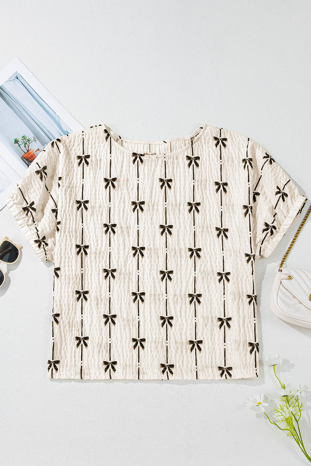 Threaded Pear Aviana Bow Print Puff Short Sleeve Top