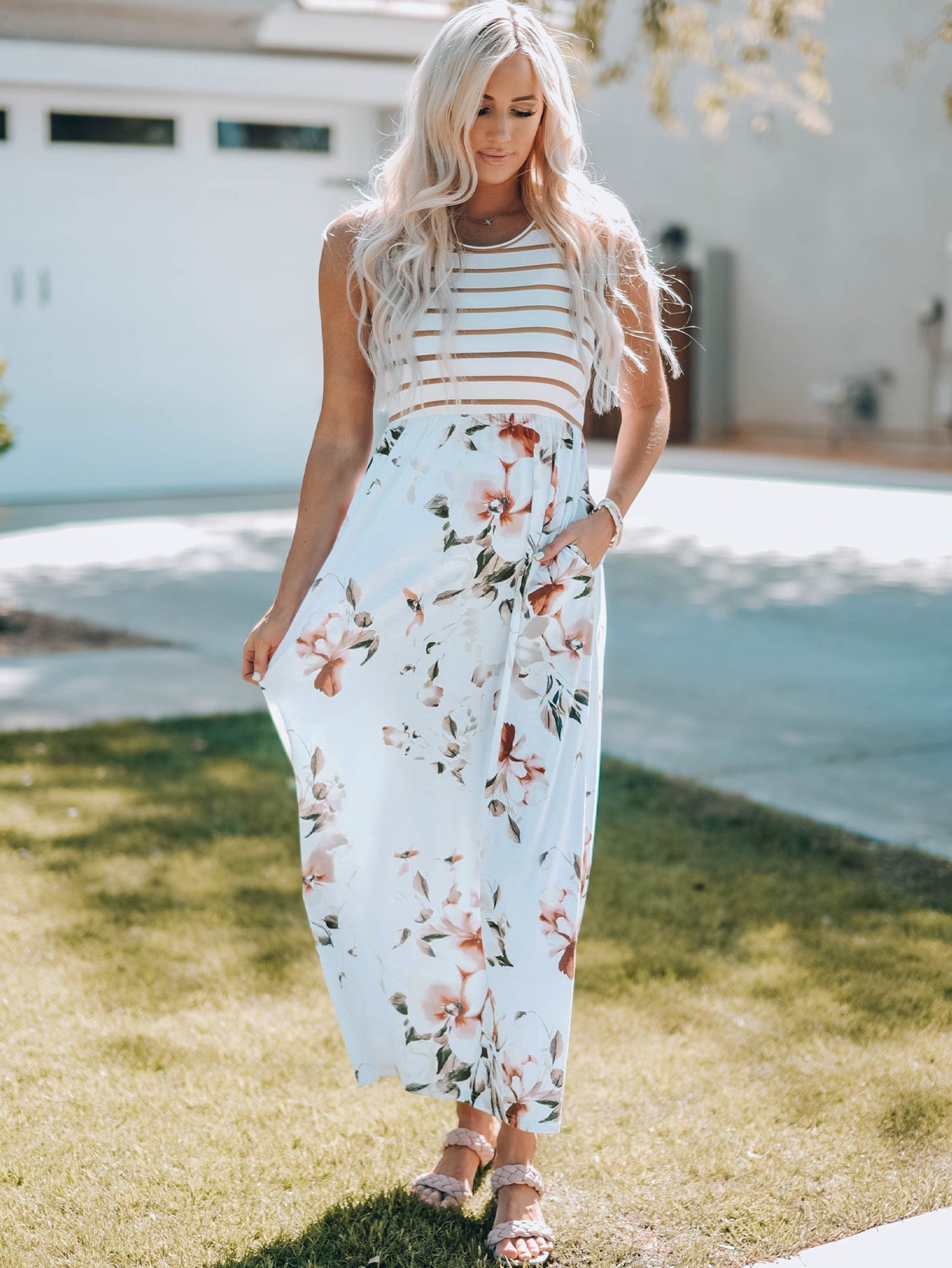 Threaded Pear Zora Striped Floral Sleeveless Maxi Dress with Pocket