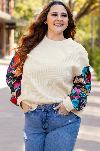 Threaded Pear White Floral Patchwork Sleeve Textured Plus Size Pullover Top