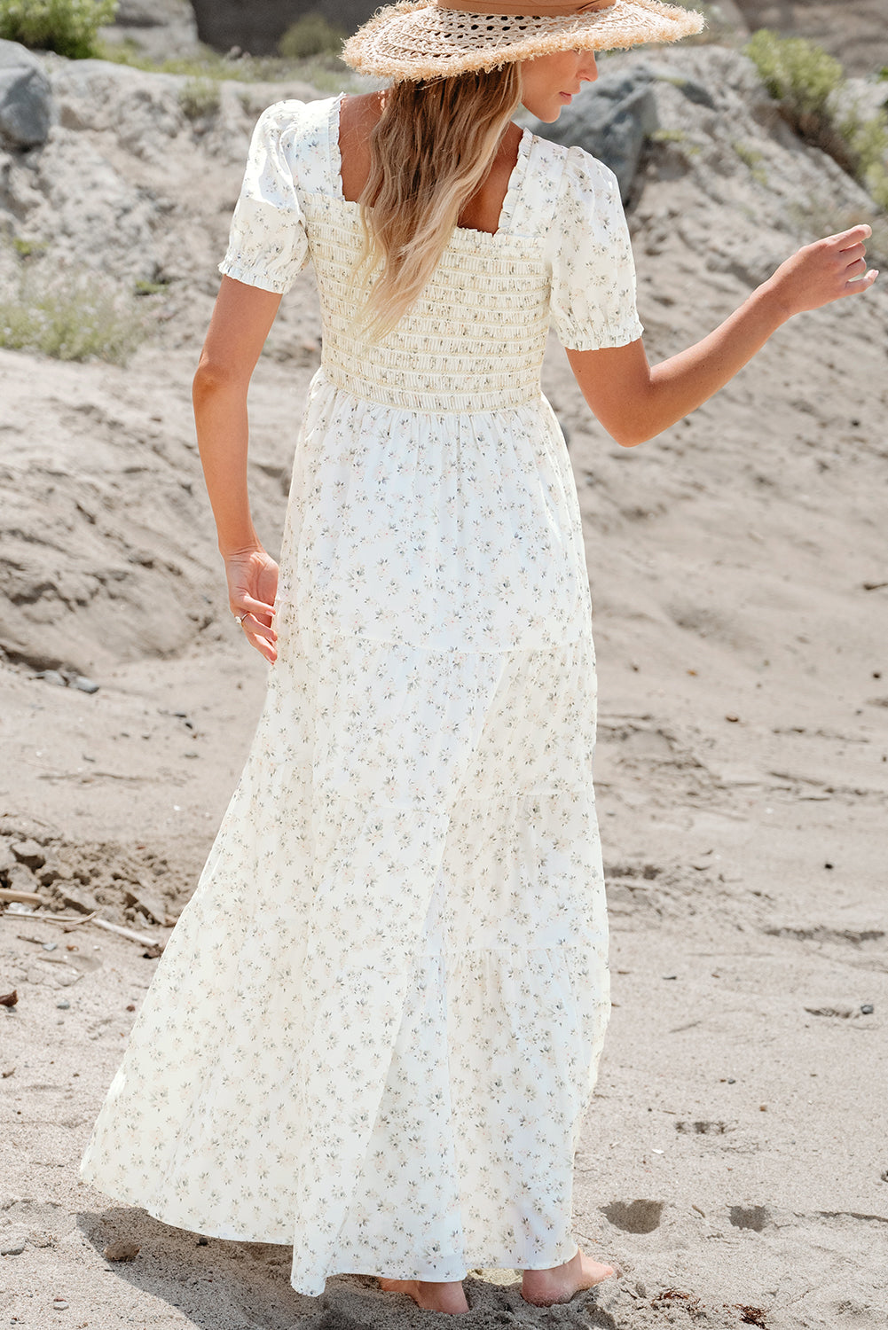 Threaded Pear Robin Frilly Shirred Bodice Tiered Floral Maxi Dress