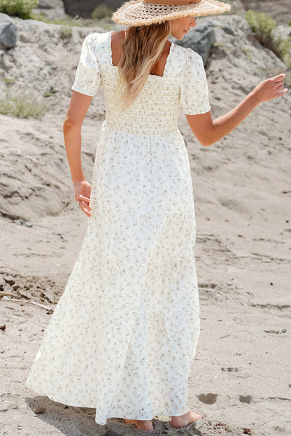 Threaded Pear Robin Frilly Shirred Bodice Tiered Floral Maxi Dress