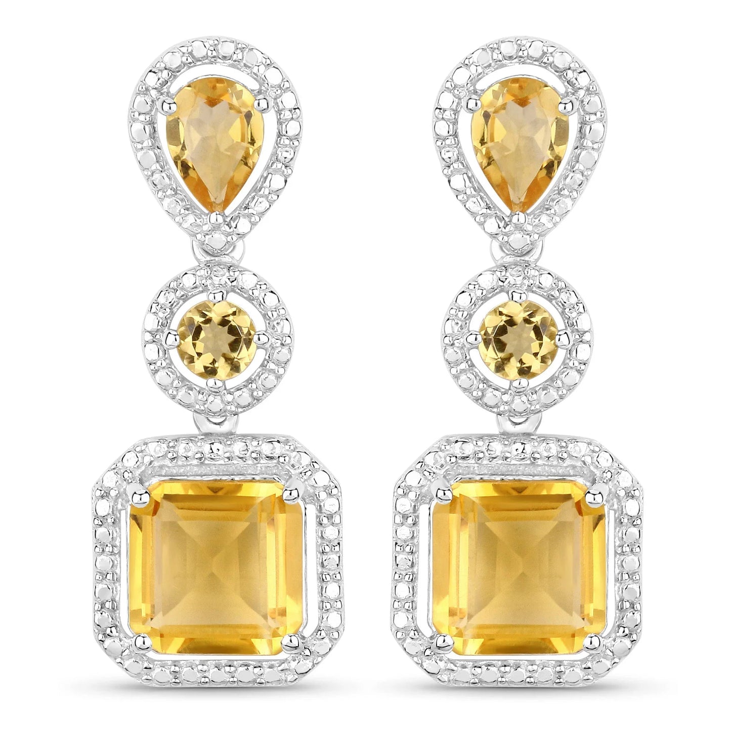 7.58 Ct Yellow Citrine Prong Rhodium Plated Silver Dangle Earrings