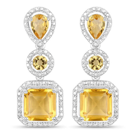 7.58 Ct Yellow Citrine Prong Rhodium Plated Silver Dangle Earrings