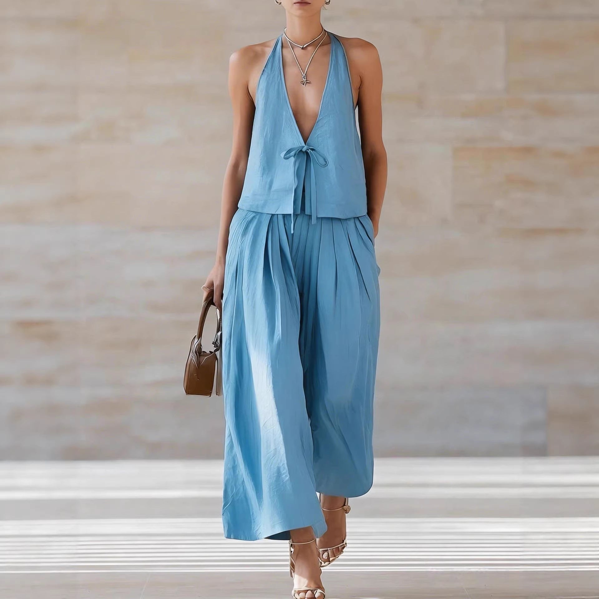Women's Sleeveless Vest & Wide-Leg Pants Set – 2-Piece Lace-Up