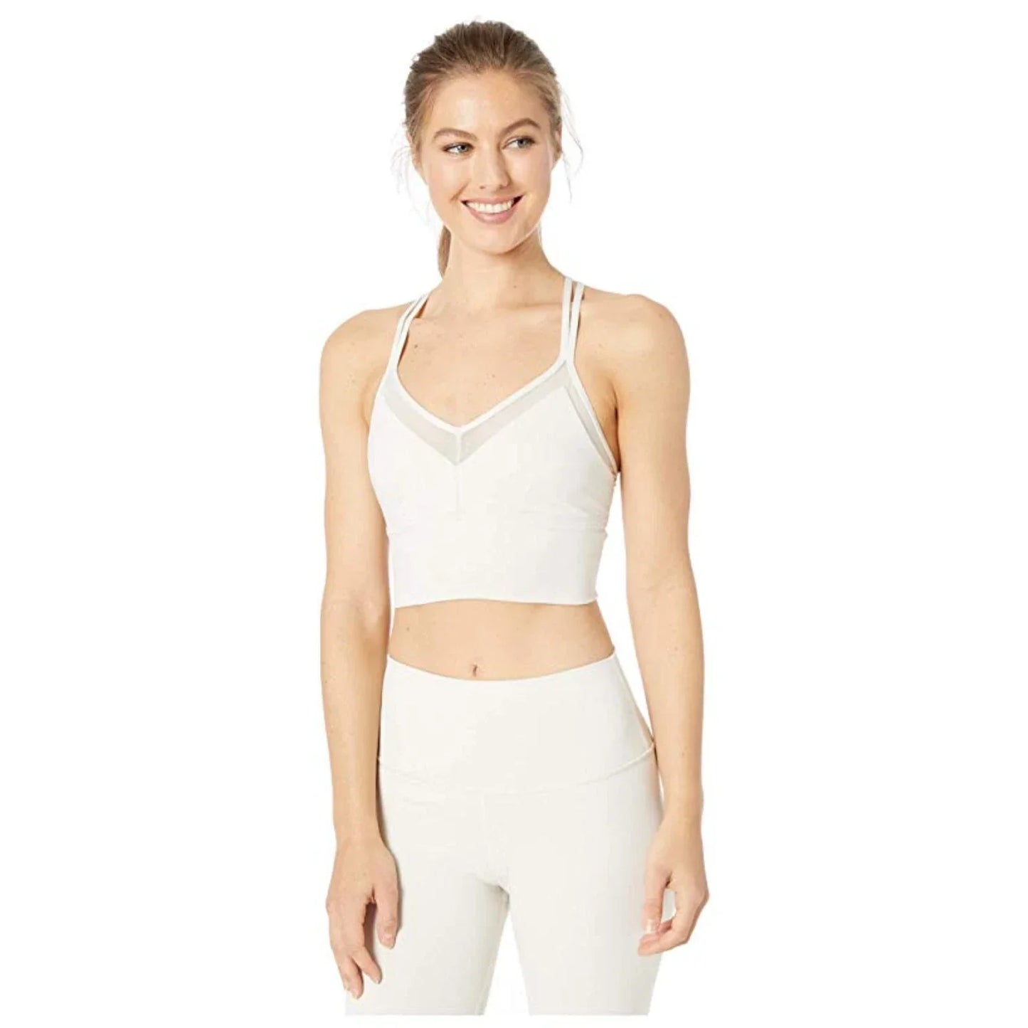 Alo Yoga Sneak Long Sports Stretch Crisscross Back Performance Women's Sports Bra — Bone