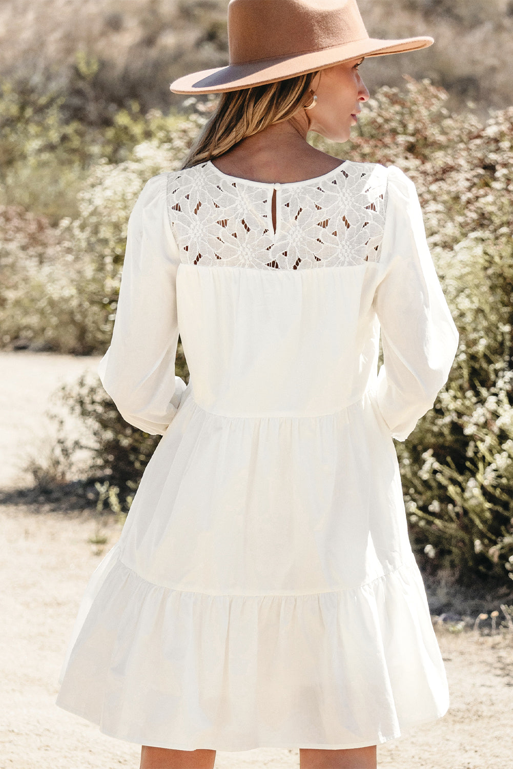 floral lace patchwork dress Floral Lace Patchwork Dress With Belted Waist
