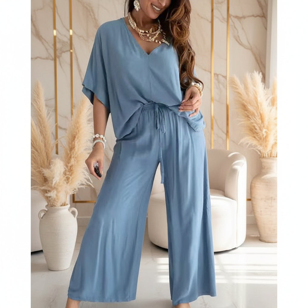 Women's V-Neck Batwing Top & Drawstring Wide-Leg Pants Two-Piece Set